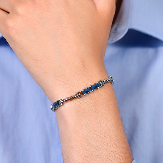 BRACELET HOMME EN ACIER AVEC ÉLÉMENTS EN CÉRAMIQUE BLEUE