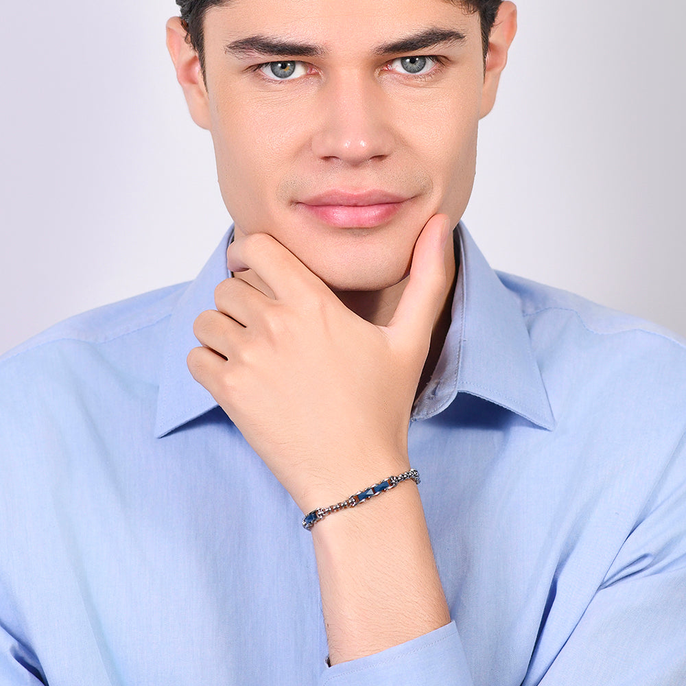 BRACELET HOMME EN ACIER AVEC ÉLÉMENTS EN CÉRAMIQUE BLEUE