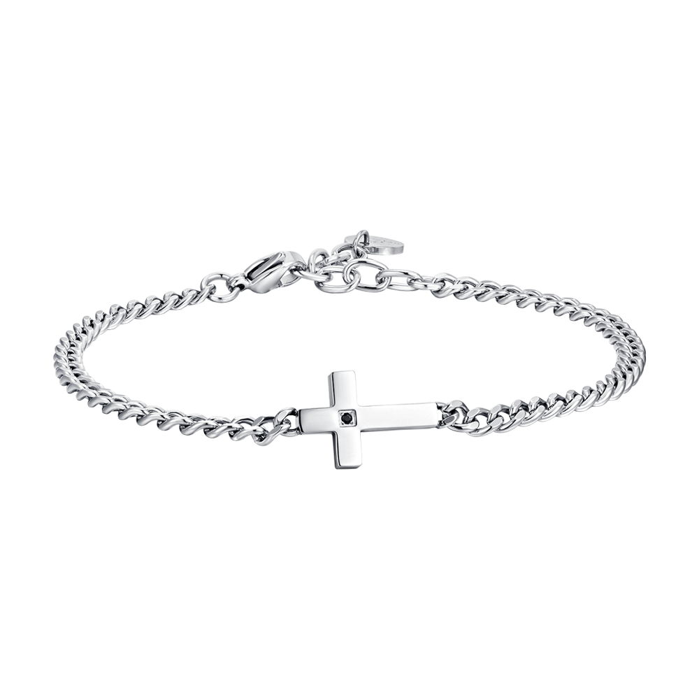 BRACELET HOMME EN ACIER, CROIX ET ZIRCON NOIR