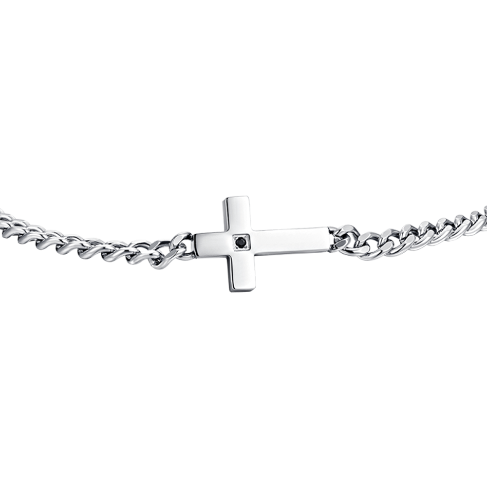 BRACELET HOMME EN ACIER, CROIX ET ZIRCON NOIR