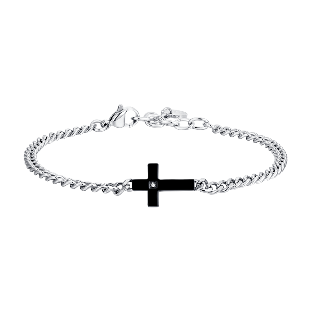 BRACELET ACIER IP CROIX NOIRE ET ZIRCON BLANC