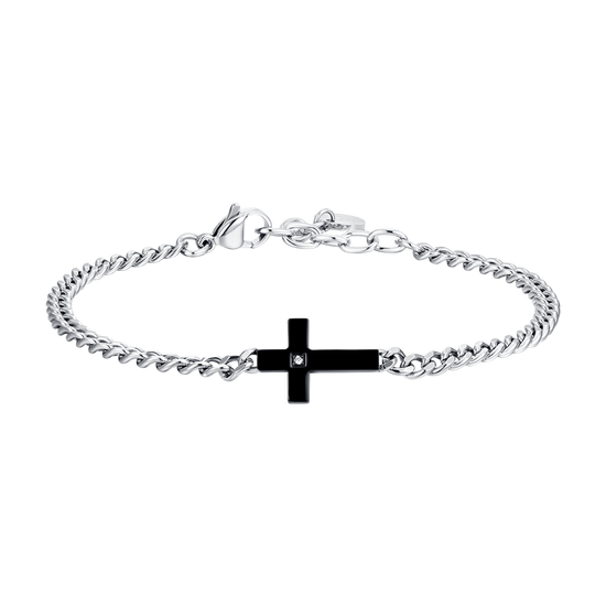 BRACELET ACIER IP CROIX NOIRE ET ZIRCON BLANC