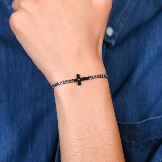 BRACELET ACIER IP CROIX NOIRE ET ZIRCON BLANC