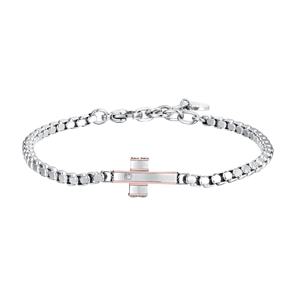 BRACELET HOMME CROIX ET IP OR ROSE EN ACIER Luca Barra