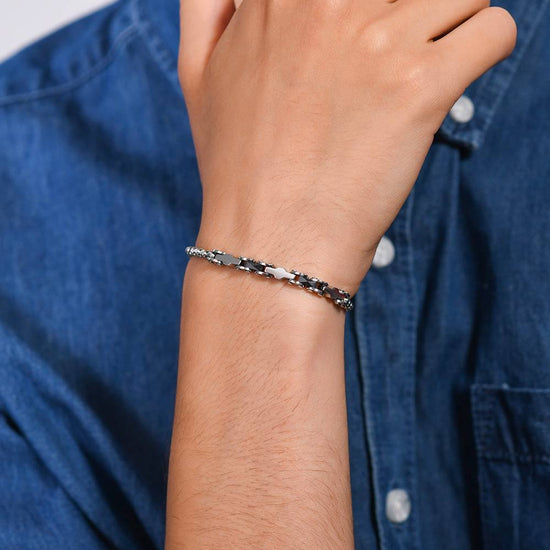 BRACELET HOMME EN ACIER AVEC ÉLÉMENTS EN CÉRAMIQUE NOIRE