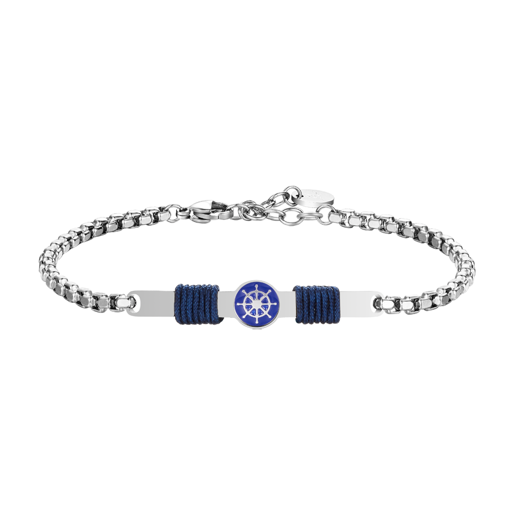 BRACCIALE IN ACCIAIO, PIASTRA CON SMALTO BLU E TIMONE E CORDA BLU