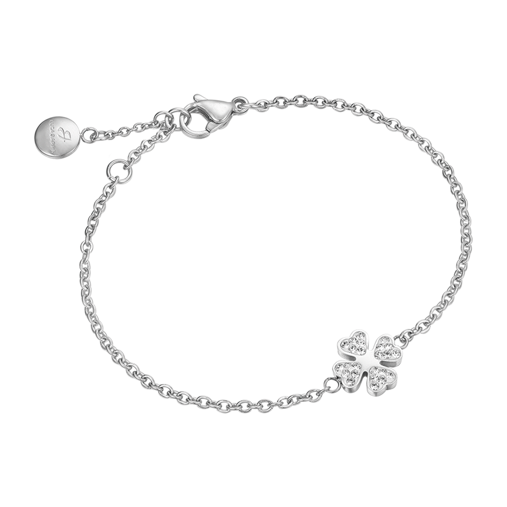 BRACELET EN ACIER POUR FEMME AVEC TRÈFLE À QUATRE FEUILLES ET CRISTAUX