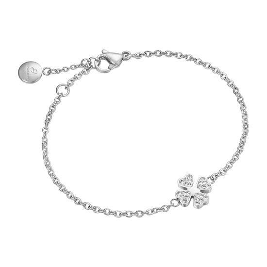 BRACELET EN ACIER POUR FEMME AVEC TRÈFLE À QUATRE FEUILLES ET CRISTAUX