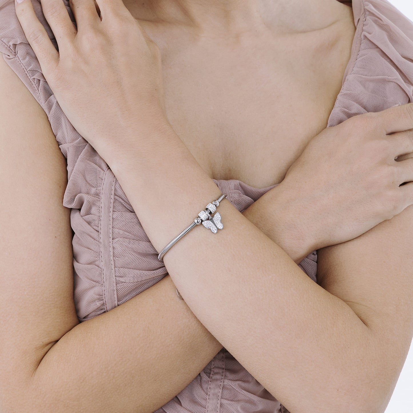 BRACELET POUR FEMME EN ACIER AVEC PAPILLON ET CRISTAUX BLANCS