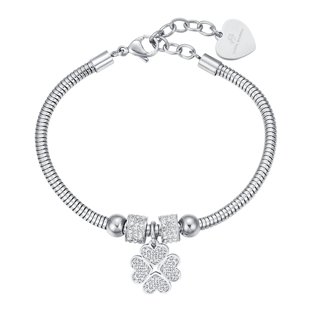 BRACELET POUR FEMME EN ACIER AVEC TRÈFLE À QUATRE FEUILLES ET CRISTAUX BLANCS