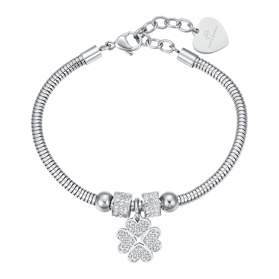 BRACELET POUR FEMME EN ACIER AVEC TRÈFLE À QUATRE FEUILLES ET CRISTAUX BLANCS