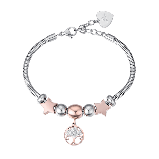 BRACELET EN ACIER POUR FEMME AVEC ARBRE DE VIE IP ROSES ET CRISTAUX BLANCS ET S