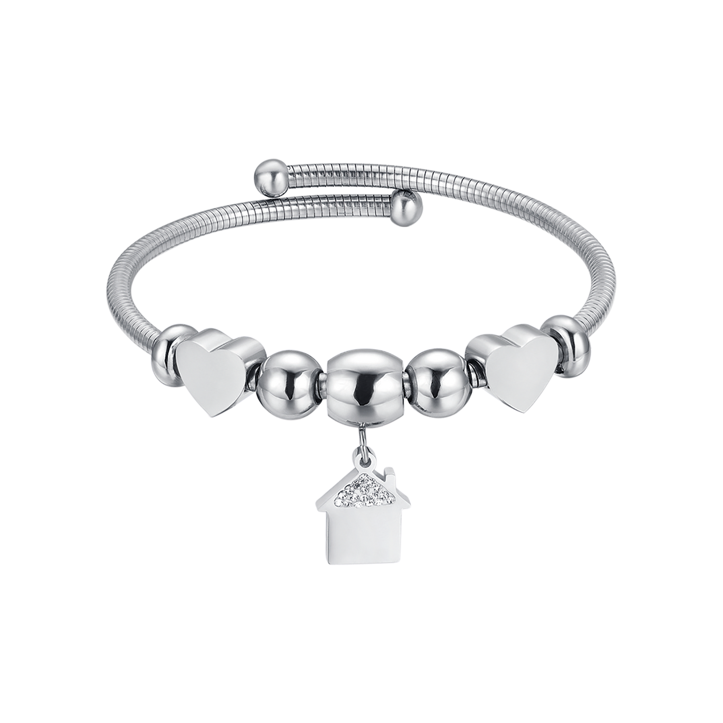 BRACELET EN ACIER AVEC MAISON AVEC CRISTAUX BLANCS ET CŒURS EN ACIER