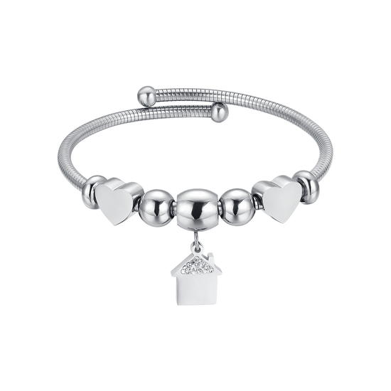 BRACELET EN ACIER AVEC MAISON AVEC CRISTAUX BLANCS ET CŒURS EN ACIER