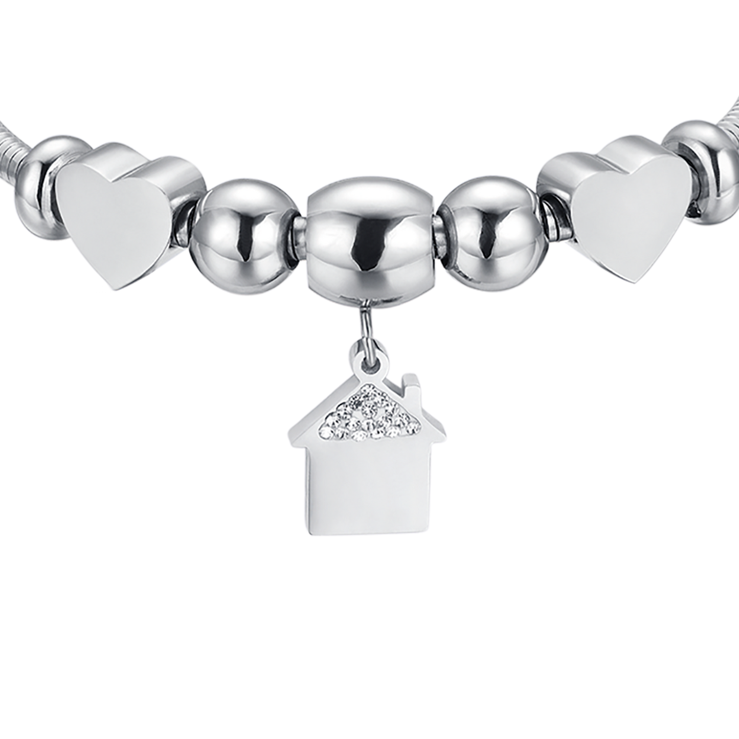 BRACELET EN ACIER AVEC MAISON AVEC CRISTAUX BLANCS ET CŒURS EN ACIER