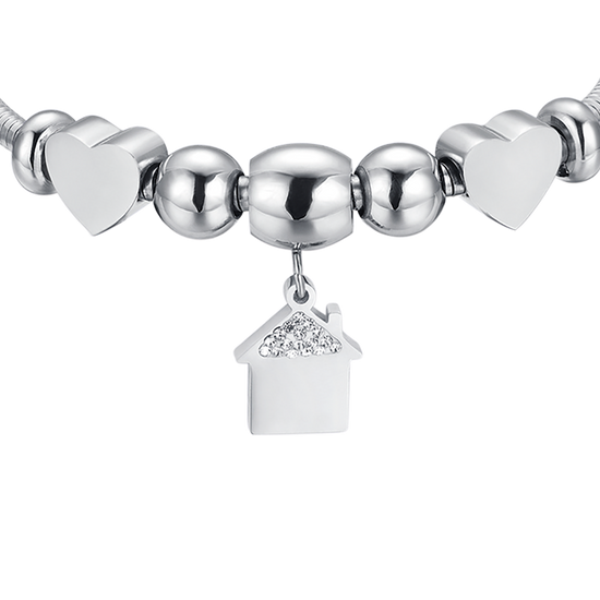 BRACELET EN ACIER AVEC MAISON AVEC CRISTAUX BLANCS ET CŒURS EN ACIER