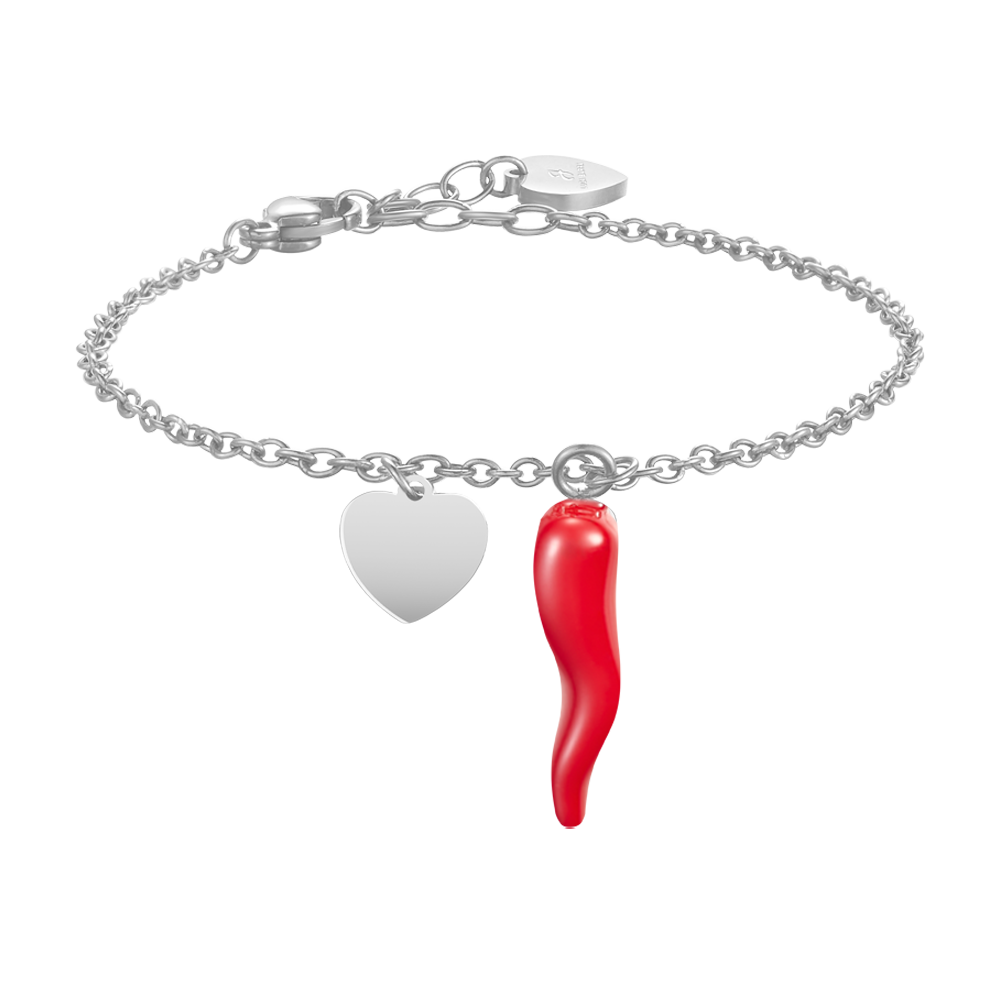 BRACELET FEMME EN ACIER AVEC CŒUR ET CORNE ROUGE