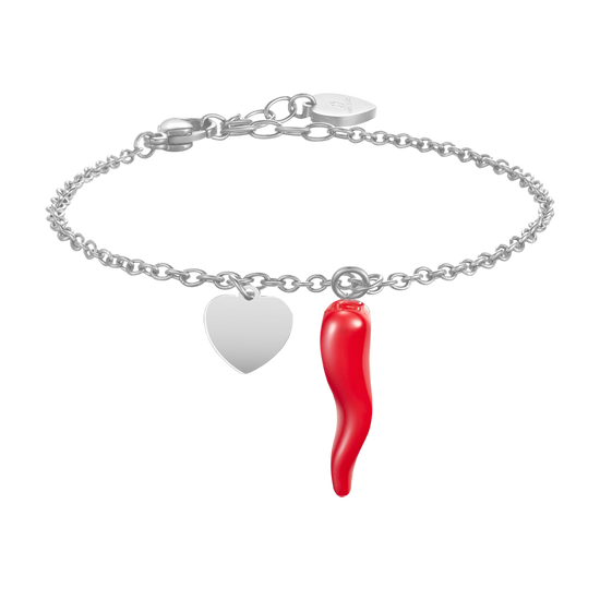 BRACELET FEMME EN ACIER AVEC CŒUR ET CORNE ROUGE