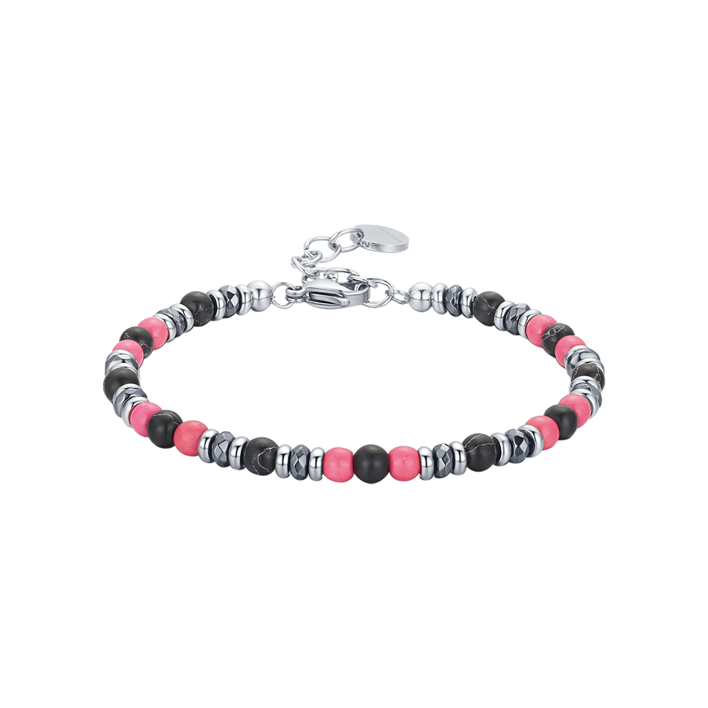 BRACELET EN ACIER AVEC PIERRES ROSES ET NOIRES