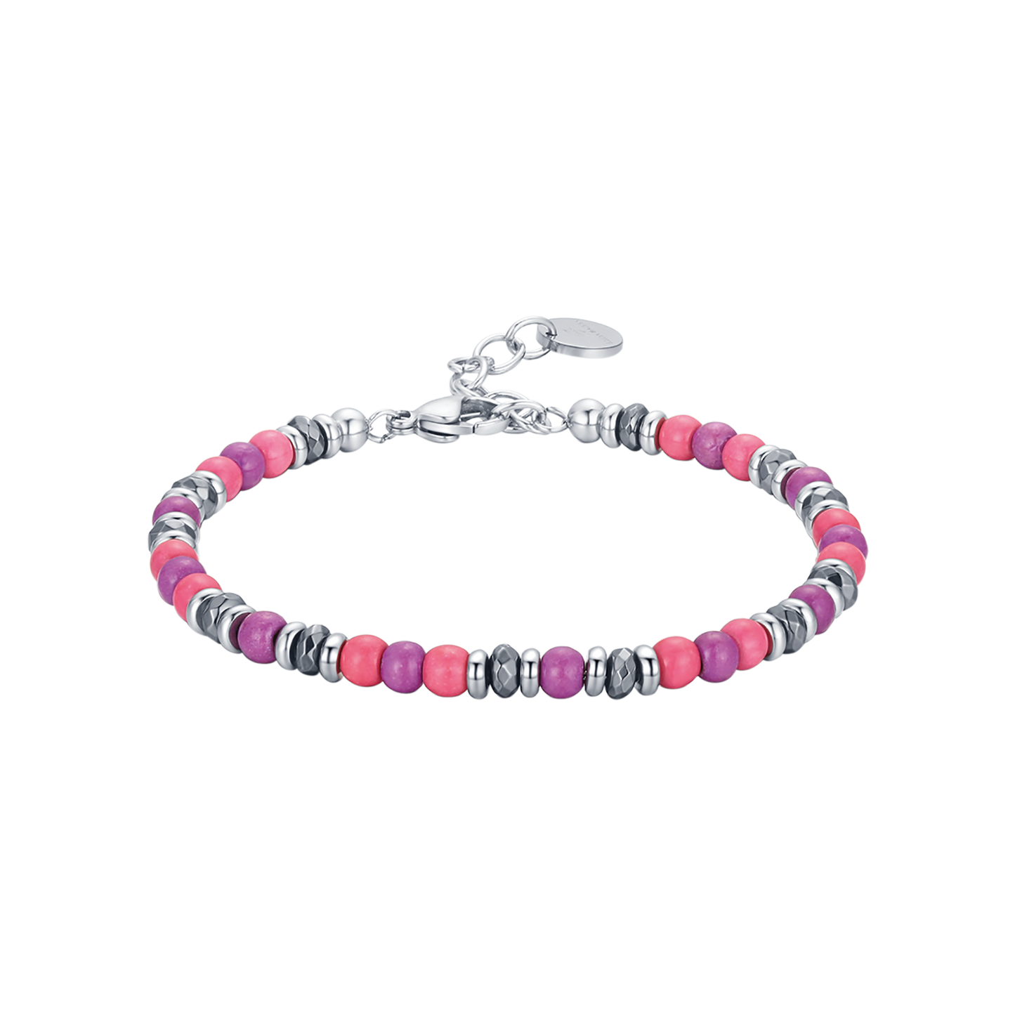 BRACELET EN ACIER AVEC PIERRES ROSES ET VIOLETTES