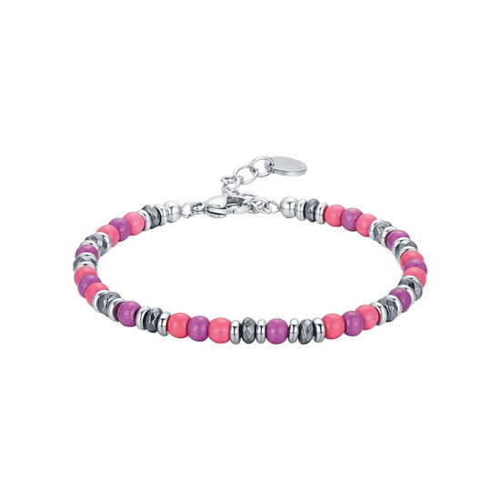 BRACELET EN ACIER AVEC PIERRES ROSES ET VIOLETTES