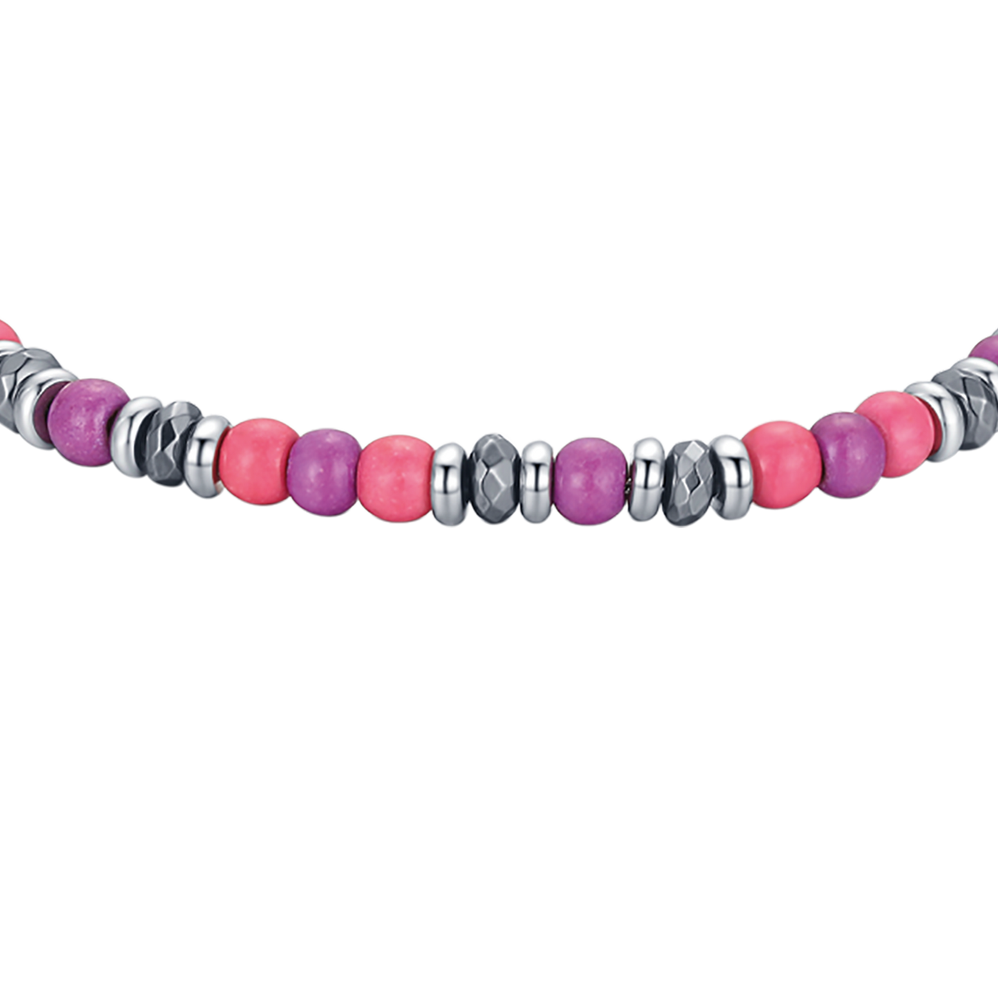 BRACELET EN ACIER AVEC PIERRES ROSES ET VIOLETTES