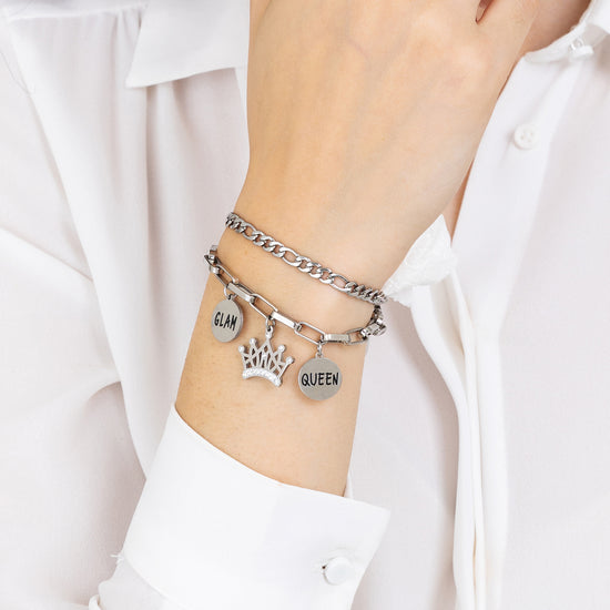 BRACELET FEMME EN ACIER AVEC COURONNE AVEC CRISTAUX BLANCS ET PLAQUES ÉMAILLÉES