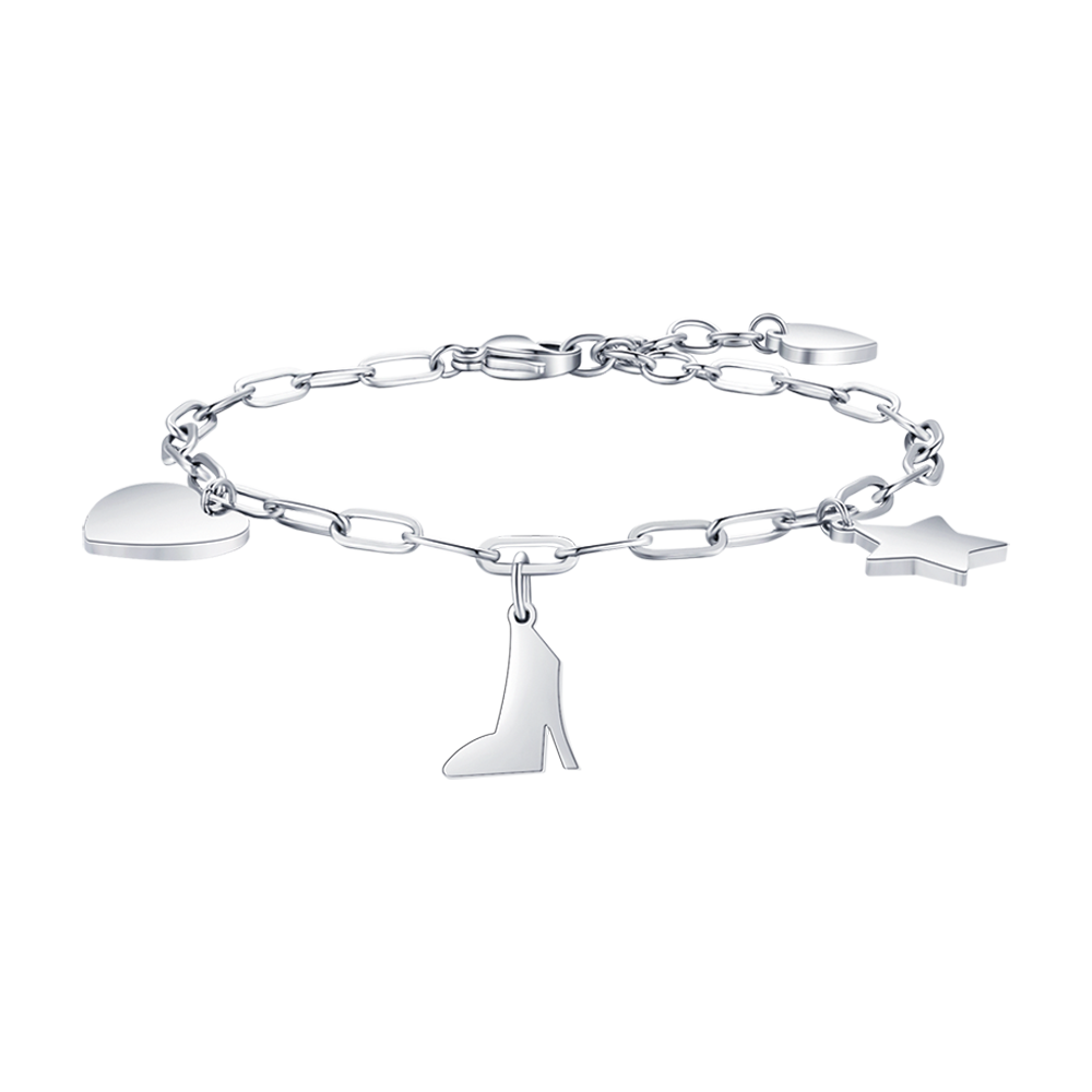 BRACELET EN ACIER POUR FEMME AVEC CŒUR, CHAUSSURE ET ÉTOILE