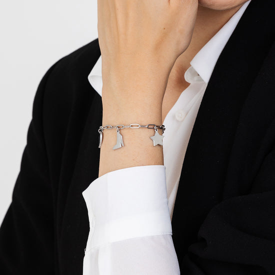 BRACELET EN ACIER POUR FEMME AVEC CŒUR, CHAUSSURE ET ÉTOILE