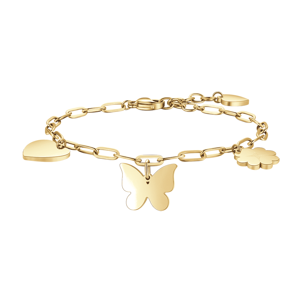 BRACELET POUR FEMME EN ACIER DORÉ AVEC COEUR, PAPILLON ET QUADRIFOGLIO Luca Barra