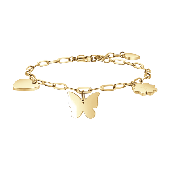 BRACELET POUR FEMME EN ACIER DORÉ AVEC COEUR, PAPILLON ET QUADRIFOGLIO Luca Barra