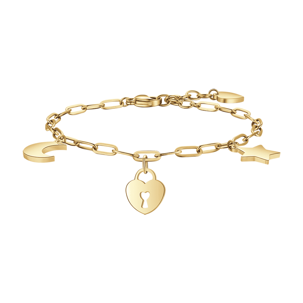 BRACELET POUR FEMME EN ACIER DORÉ AVEC LUNE, COEUR ET ÉTOILE Luca Barra