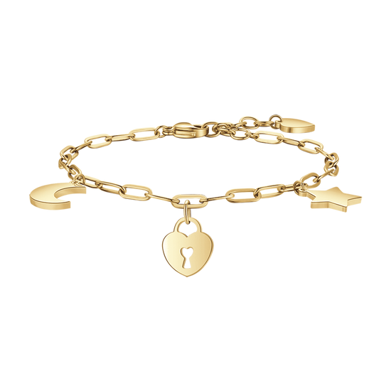 BRACELET POUR FEMME EN ACIER PLAQUÉ OR AVEC LUNE, CADENAS, CŒUR ET ÉTOILE