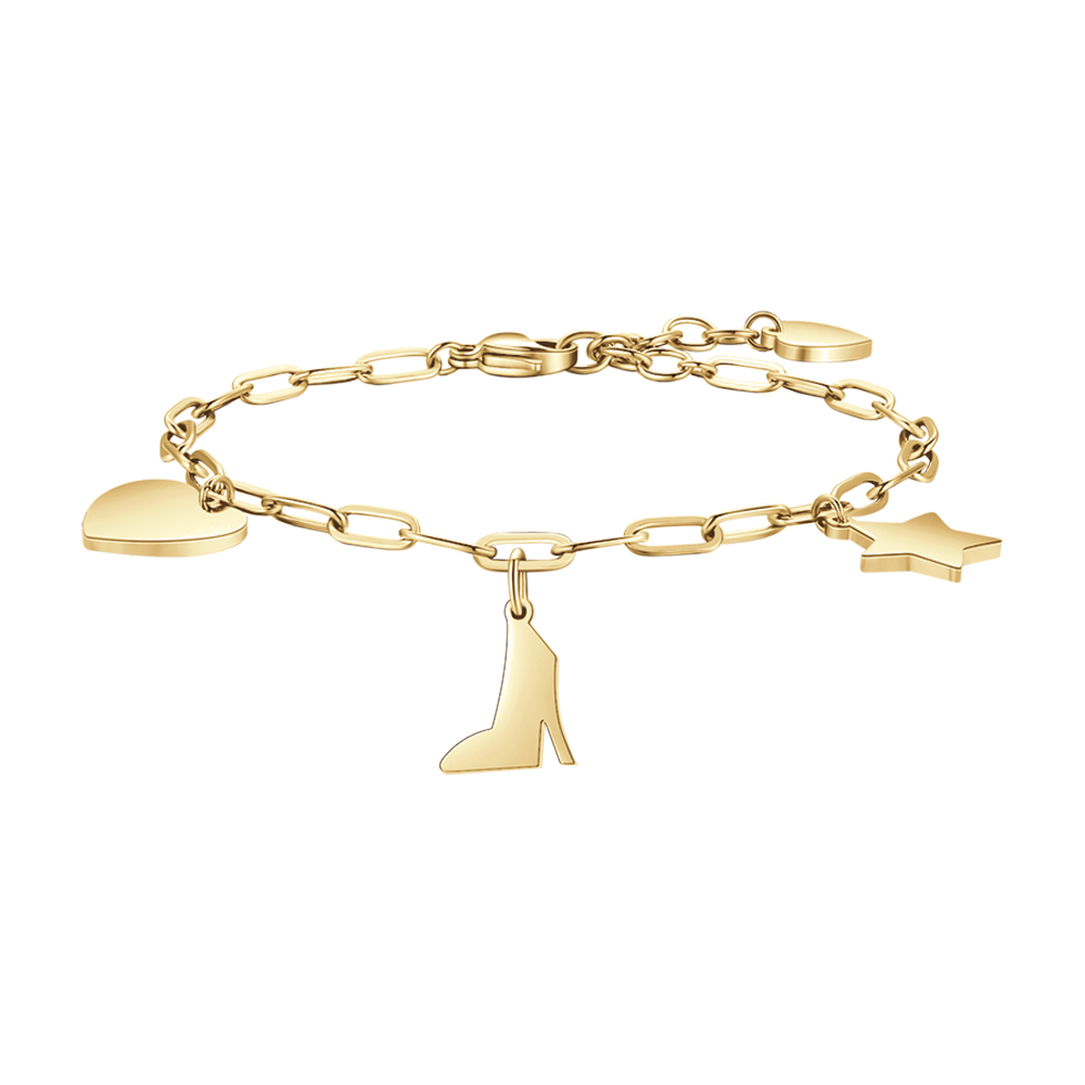 BRACELET POUR FEMME EN ACIER PLAQUÉ OR AVEC CŒUR, CHAUSSURE ET ÉTOILE