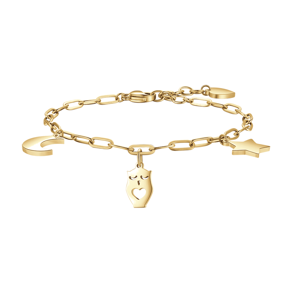 BRACELET POUR FEMME EN ACIER PLAQUÉ OR AVEC LUNE, HIBOU ET ÉTOILE