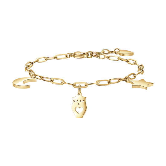 BRACELET POUR FEMME EN ACIER PLAQUÉ OR AVEC LUNE, HIBOU ET ÉTOILE