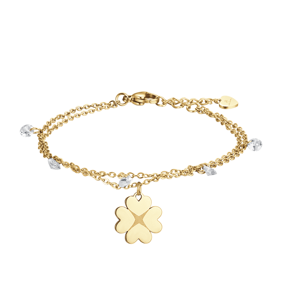 BRACELET POUR FEMME EN ACIER ET OR IP AVEC TRÈFLE À QUATRE FEUILLES ET CRISTAUX