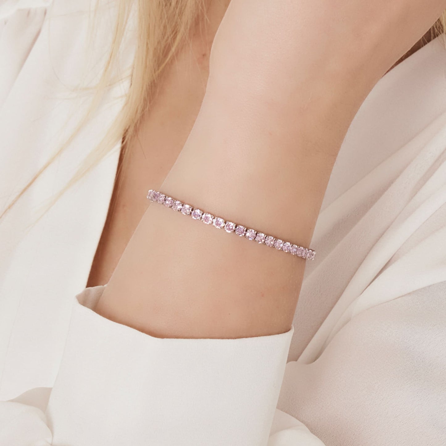 BRACELET TENNIS EN ACIER POUR FEMME AVEC CRISTAUX ROSES