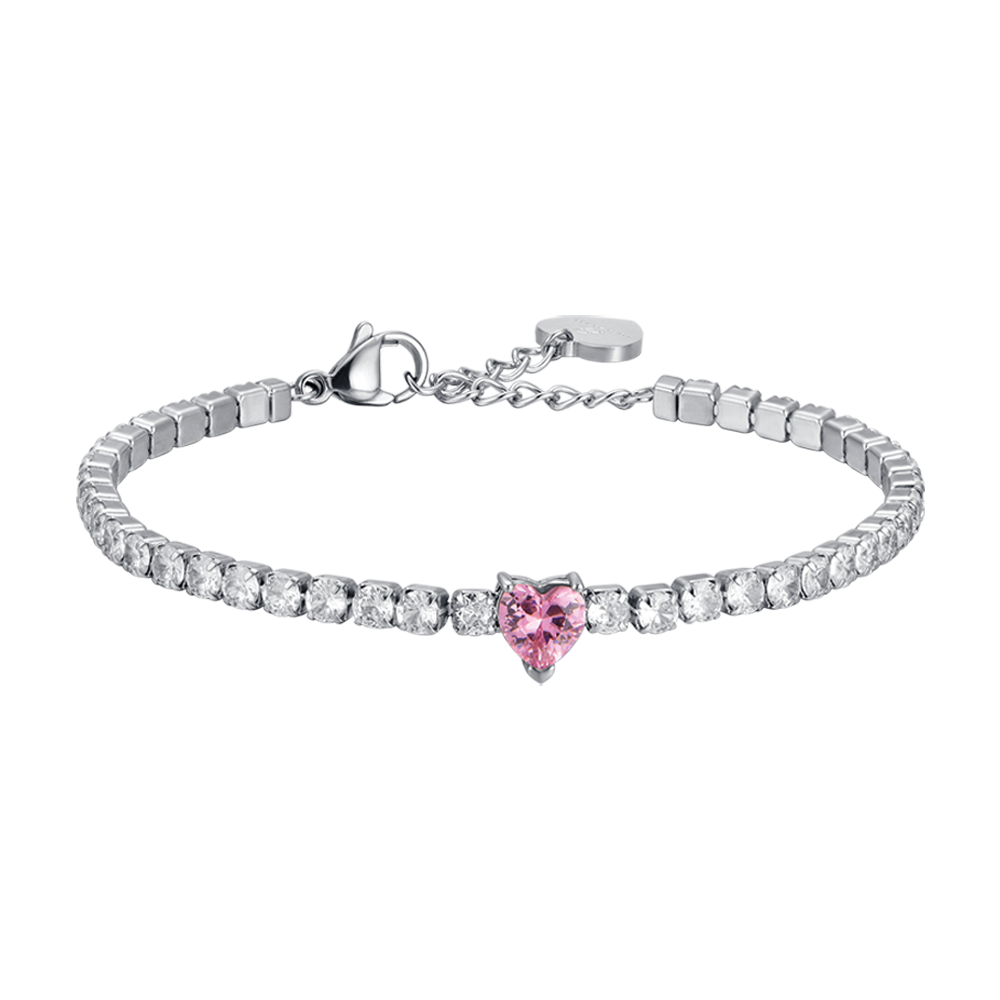 BRACCIALE DONNA IN ACCIAIO CON CRISTALLI BIANCHI E CUORE CRISTALLO ROSA Luca Barra