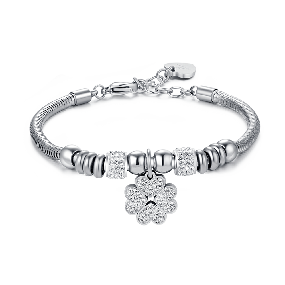 BRACELET FEMME EN ACIER AVEC TRÈFLE À QUATRE FEUILLES AVEC CRISTAUX BLANCS