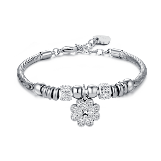 BRACELET FEMME EN ACIER AVEC TRÈFLE À QUATRE FEUILLES AVEC CRISTAUX BLANCS