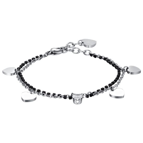 BRACELET EN ACIER POUR FEMME AVEC CŒURS, ÉLÉMENTS NOIRS ET CRISTAL BLANC