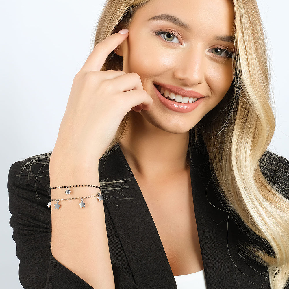 BRACELET POUR FEMME EN ACIER AVEC ÉTOILES, ÉLÉMENTS IP NOIRS ET CRISTAL BLANC