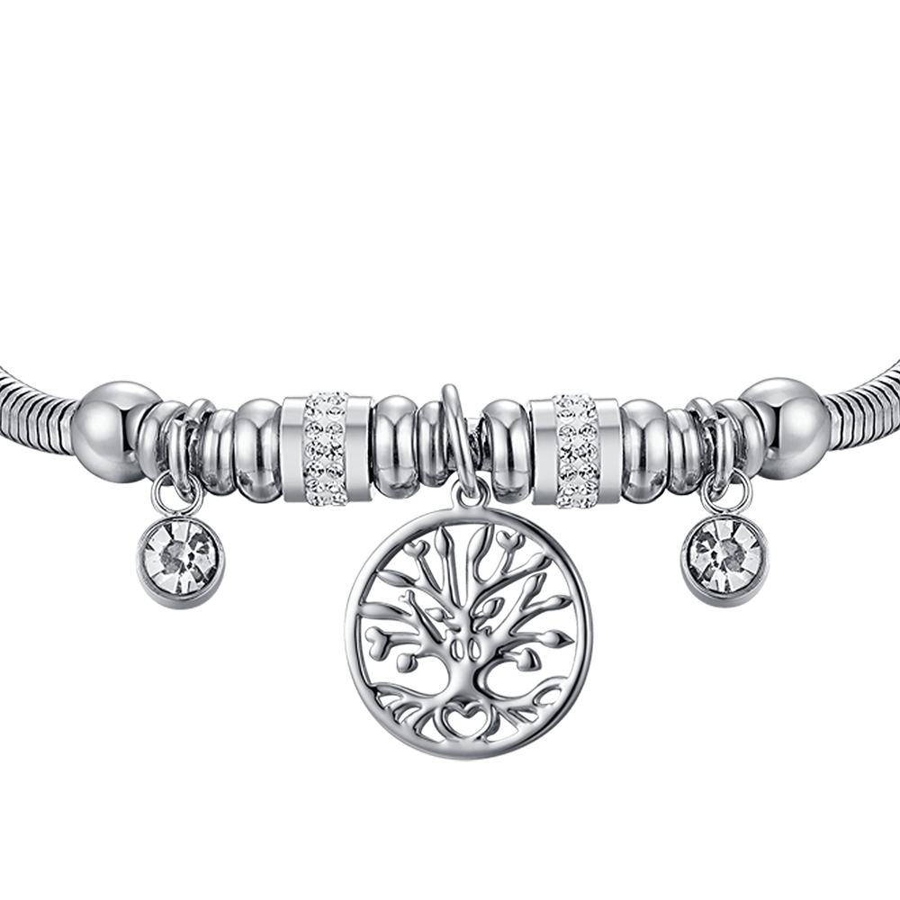 BRACELET POUR FEMME EN ACIER AVEC ARBRE DE VIE ET CRISTAUX BLANCS