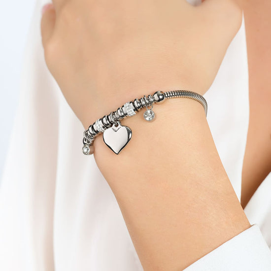 BRACELET POUR FEMME EN ACIER AVEC CŒUR ET CRISTAUX BLANCS