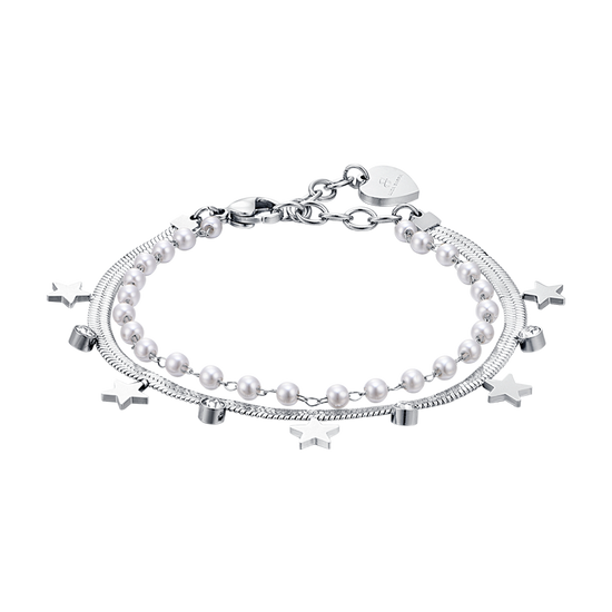 BRACELET POUR FEMME EN ACIER AVEC PERLES BLANCHES, ÉTOILES ET CRISTAUX