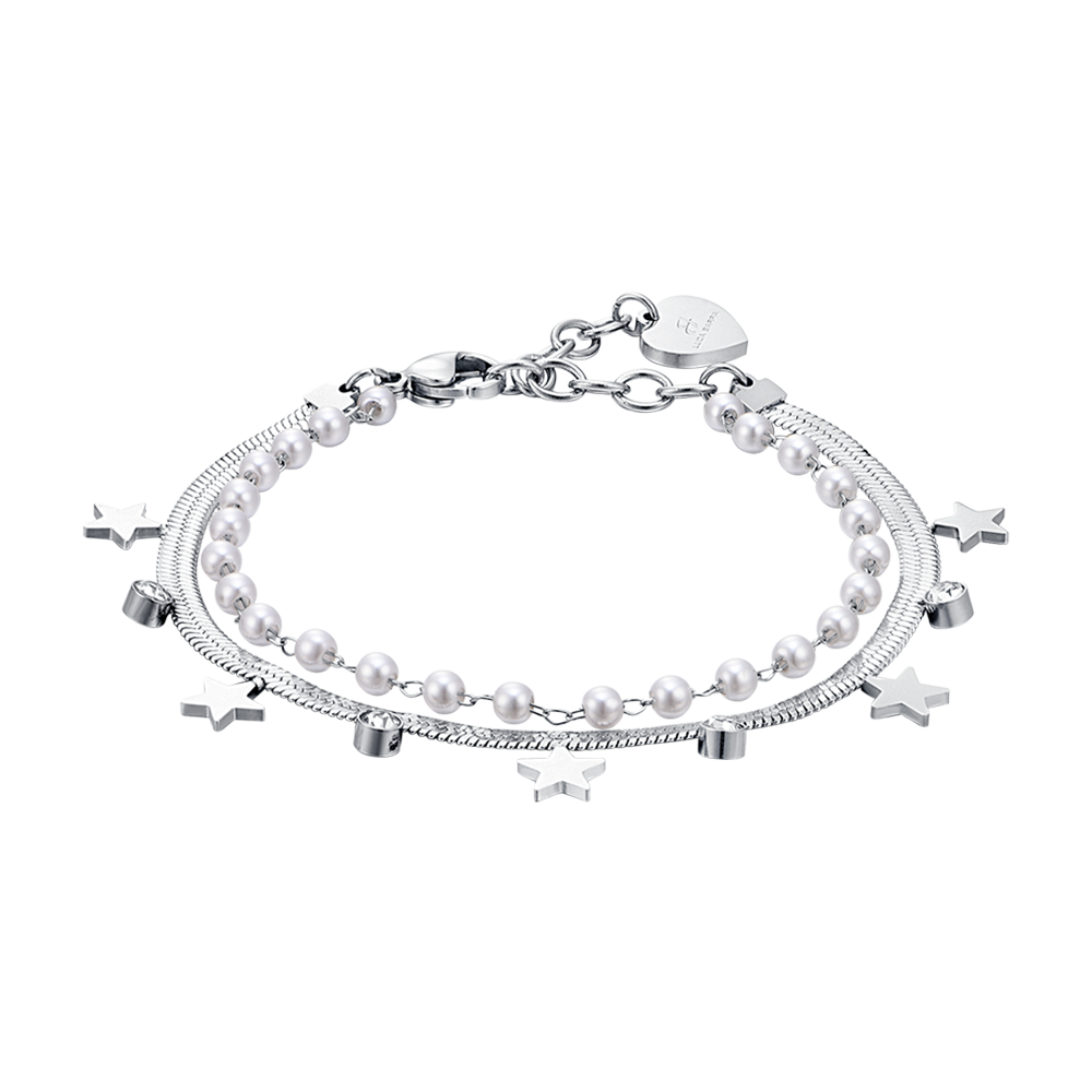 BRACELET POUR FEMME EN ACIER AVEC PERLES BLANCHES, ÉTOILES ET CRISTAUX