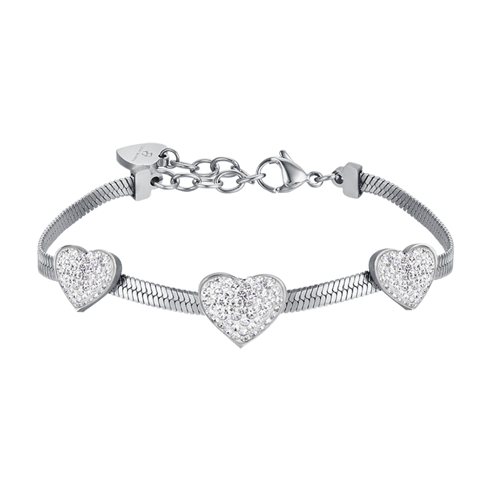 BRACELET POUR FEMME EN ACIER SERPENTÉ AVEC CŒURS AVEC CRISTAUX BLANCS