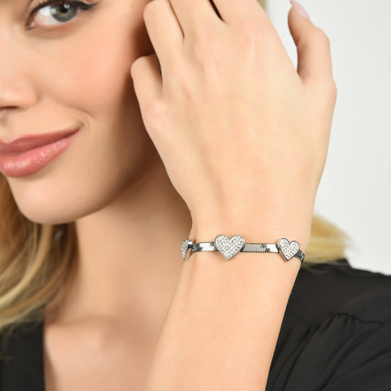 BRACELET POUR FEMME EN ACIER SERPENTÉ AVEC CŒURS AVEC CRISTAUX BLANCS