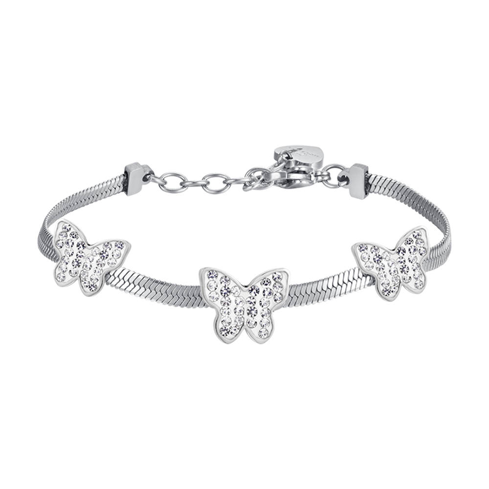 BRACELET POUR FEMME EN ACIER SERPENTÉ AVEC PAPILLONS ET CRISTAUX BLANCS